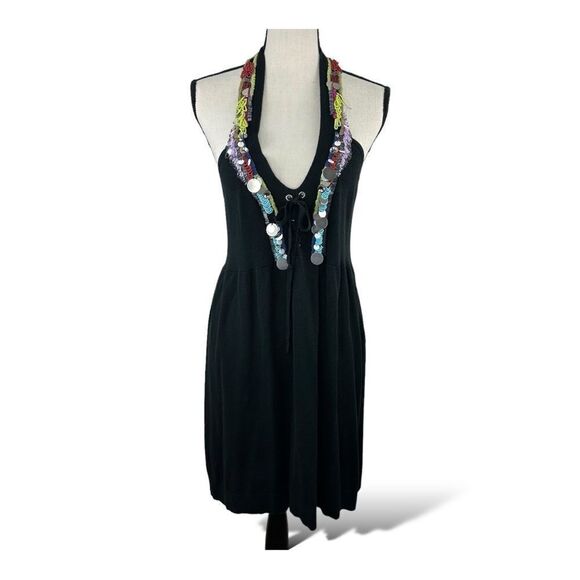Nanette Lepore Anthropologie Black Knit Beaded Racerback Dress Cover-Up Sz L - Picture 1 of 15
